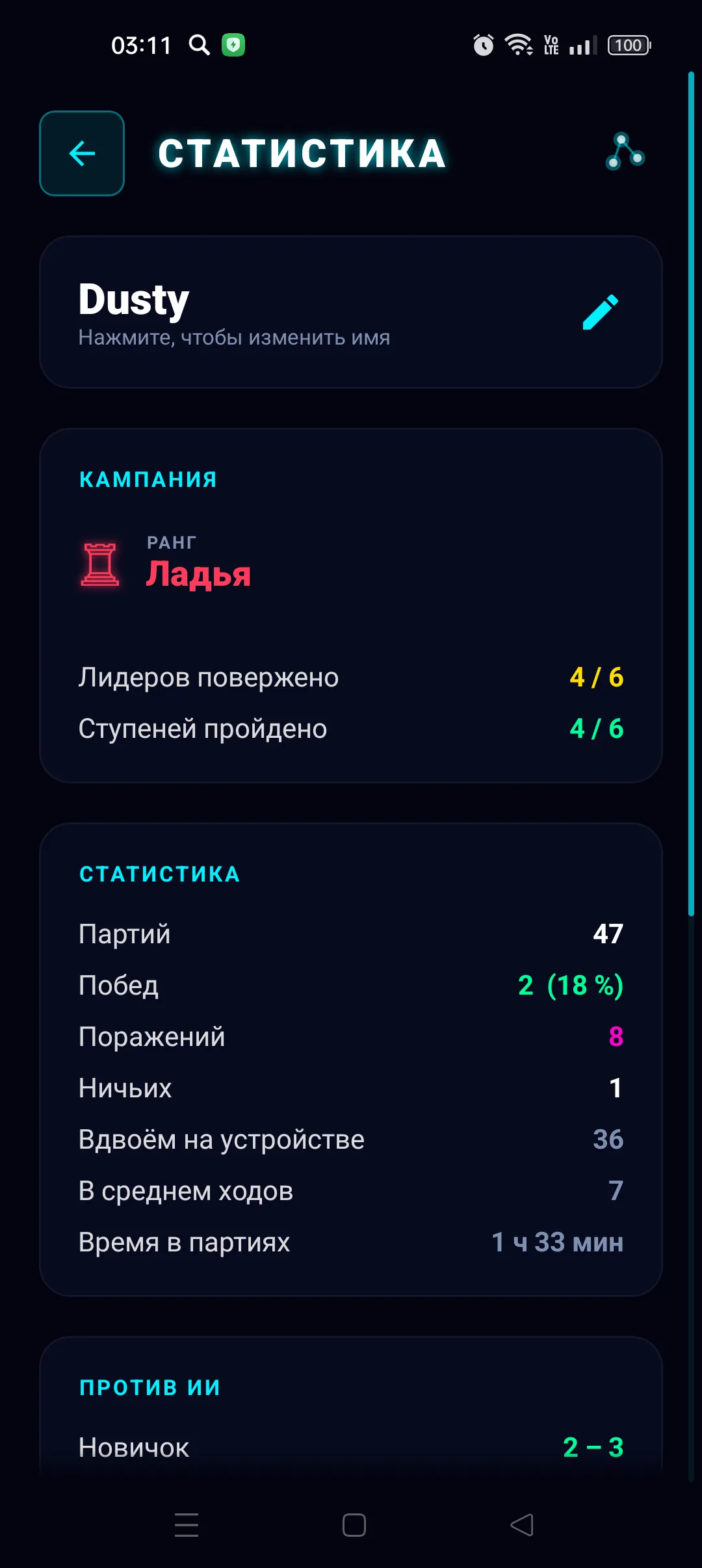 Экран статистики игрока с разделами кампании и партий