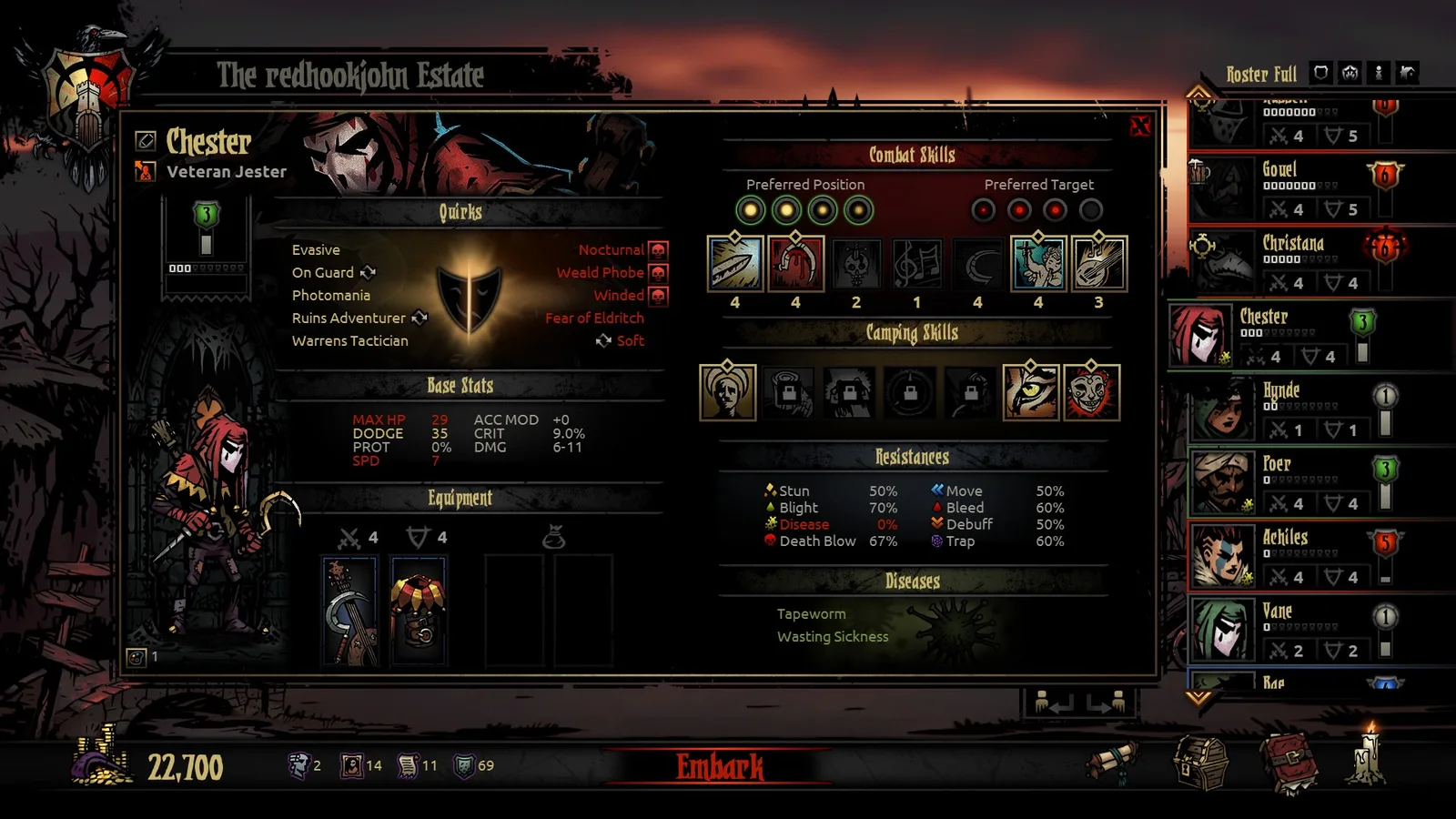 Экран героя в Darkest Dungeon