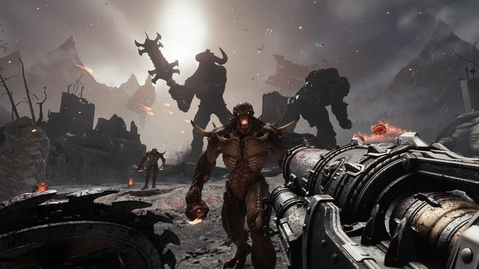 Поле боя DOOM: The Dark Ages с гигантами-титанами на горизонте