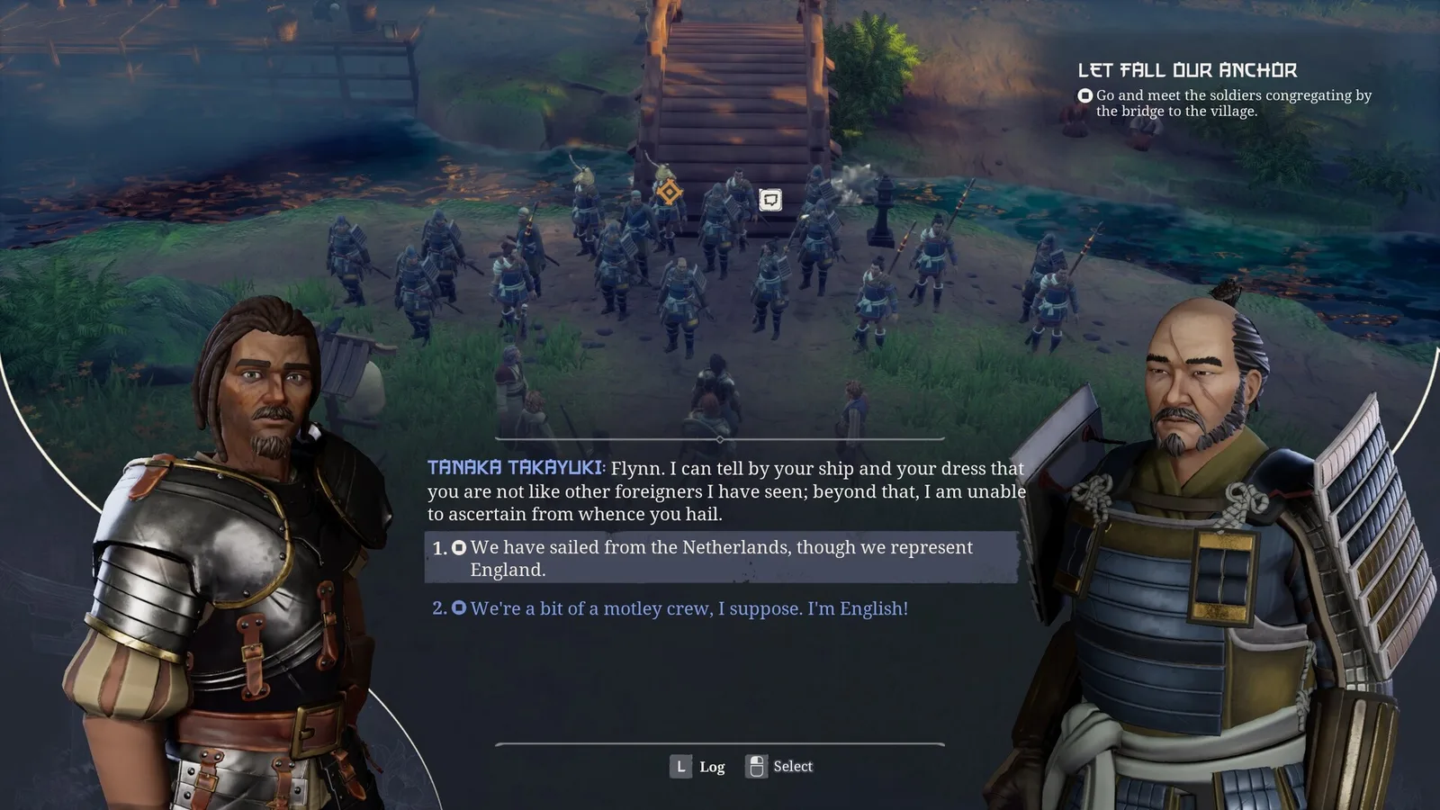 Диалоговая сцена в Expeditions: Samurai: капитан Флинн и самурай Танака Такаюки, варианты ответа
