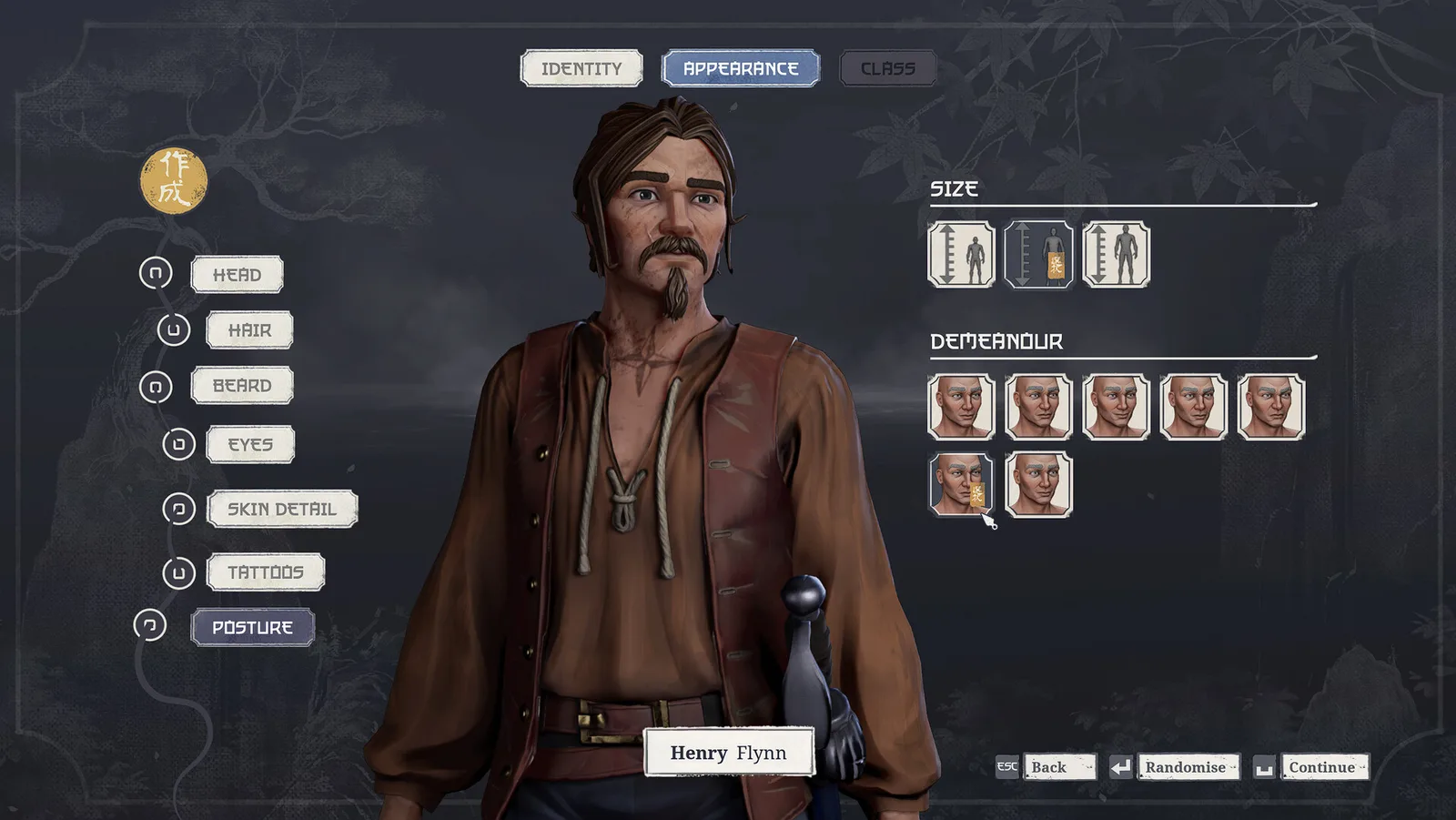 Экран создания персонажа в Expeditions: Samurai: вкладки Identity, Appearance, Class