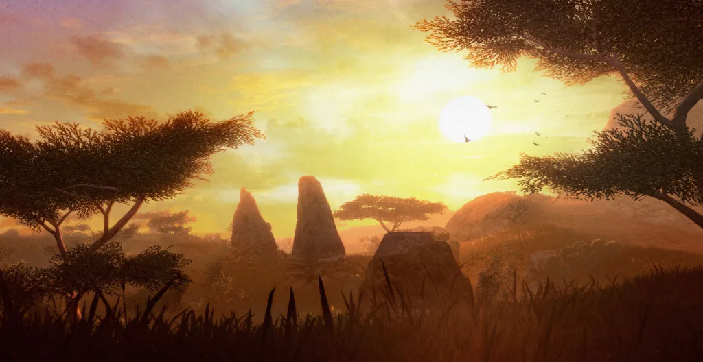 Far Cry 2: закат над саванной, силуэты акаций и скальных пиков в золотом свете, птицы в небе
