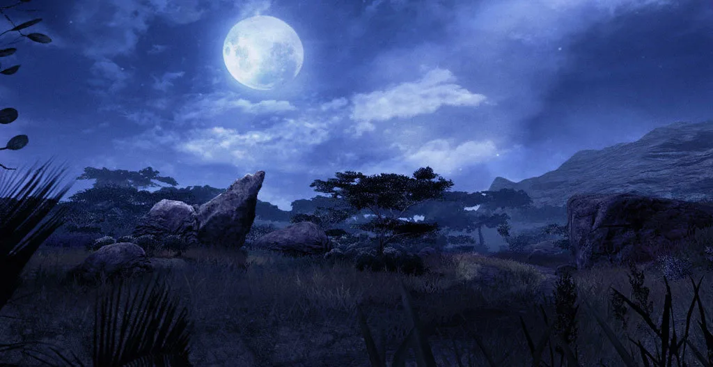 Far Cry 2: ночная саванна под крупной полной луной, силуэты деревьев и валунов в синем свете