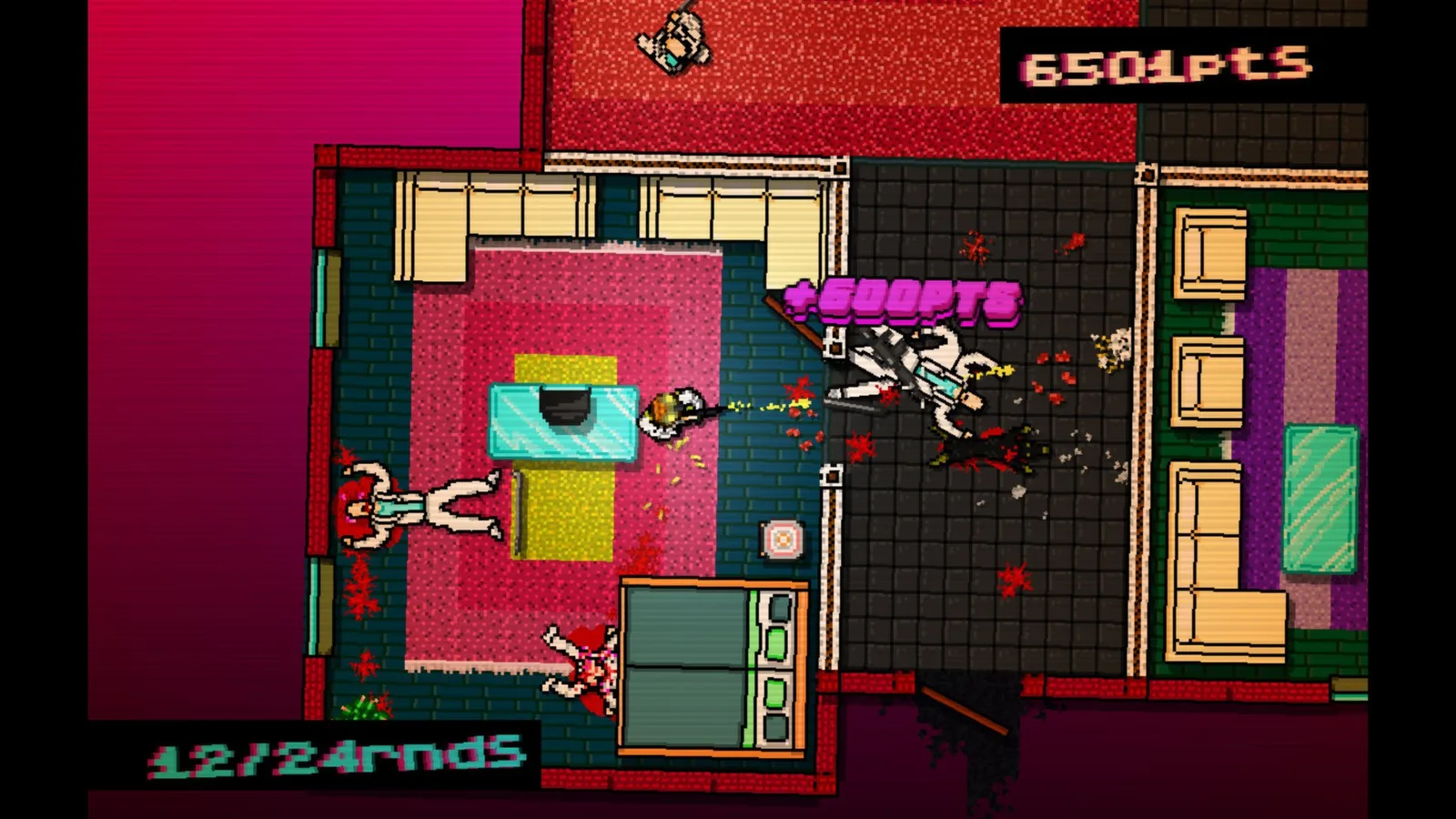 Квартира из Hotline Miami, тела на полу, счётчик очков