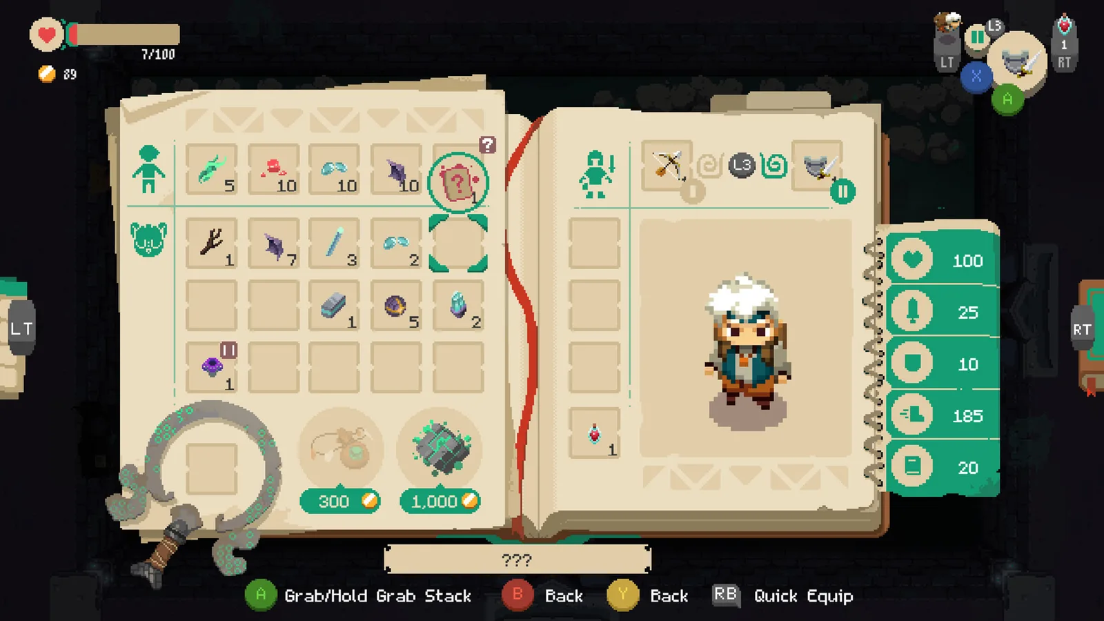 Кадр из Moonlighter: экран инвентаря-рюкзака