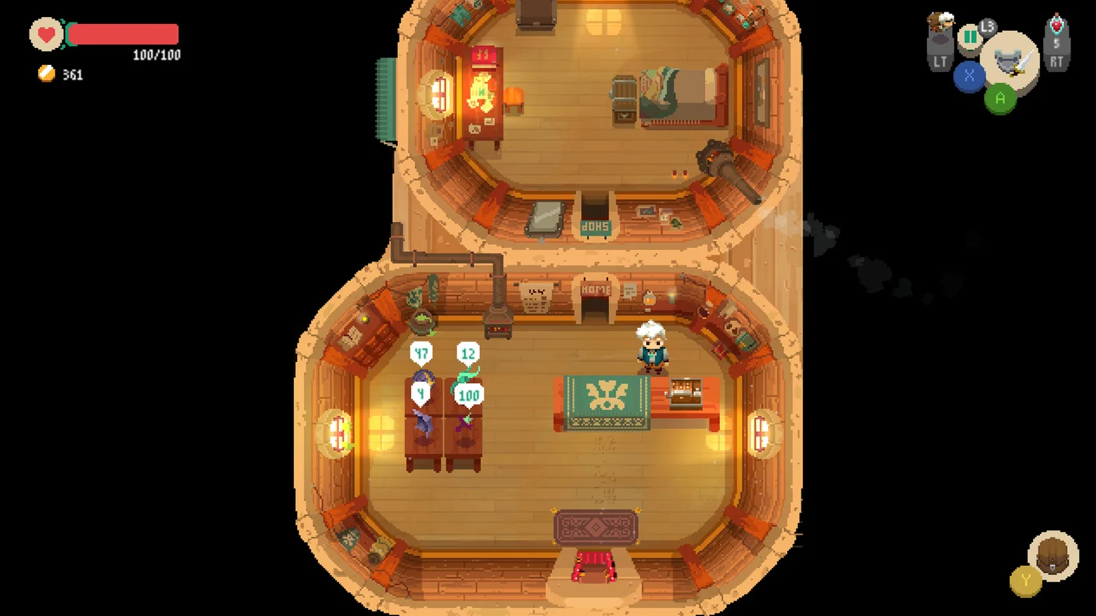 Кадр из Moonlighter: лавка Уилла, товары на витрине