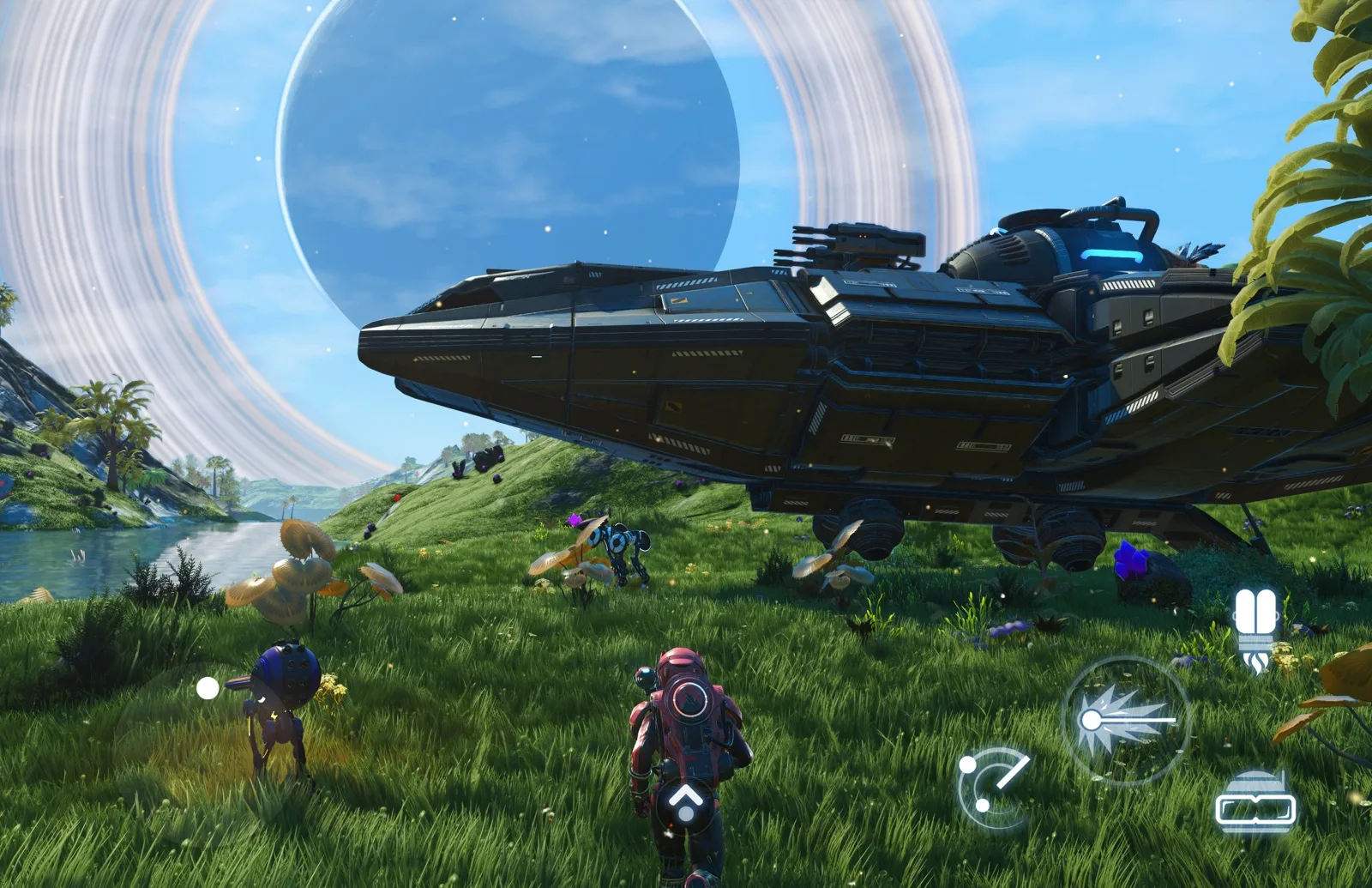 Кадр из No Man's Sky для iPad: персонаж в скафандре на зелёной равнине рядом с кораблём, по краям экрана сенсорные кнопки