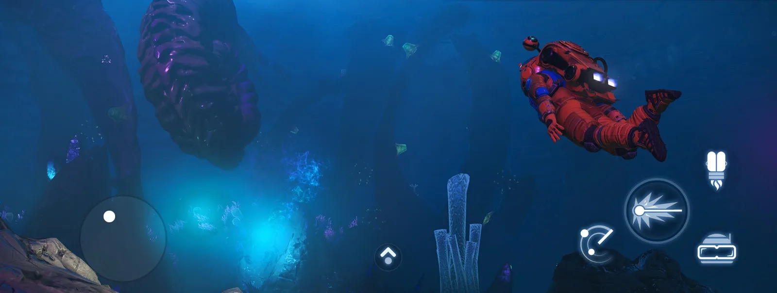 Кадр из No Man's Sky для iPhone: персонаж в красном скафандре плывёт под водой среди светящихся кораллов