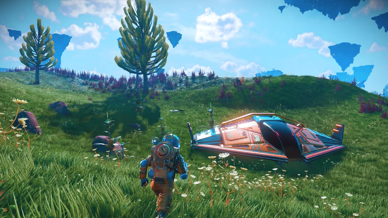 Кадр из No Man's Sky: персонаж в скафандре идёт по зелёному холму к небольшому кораблю, в небе висят парящие скалы