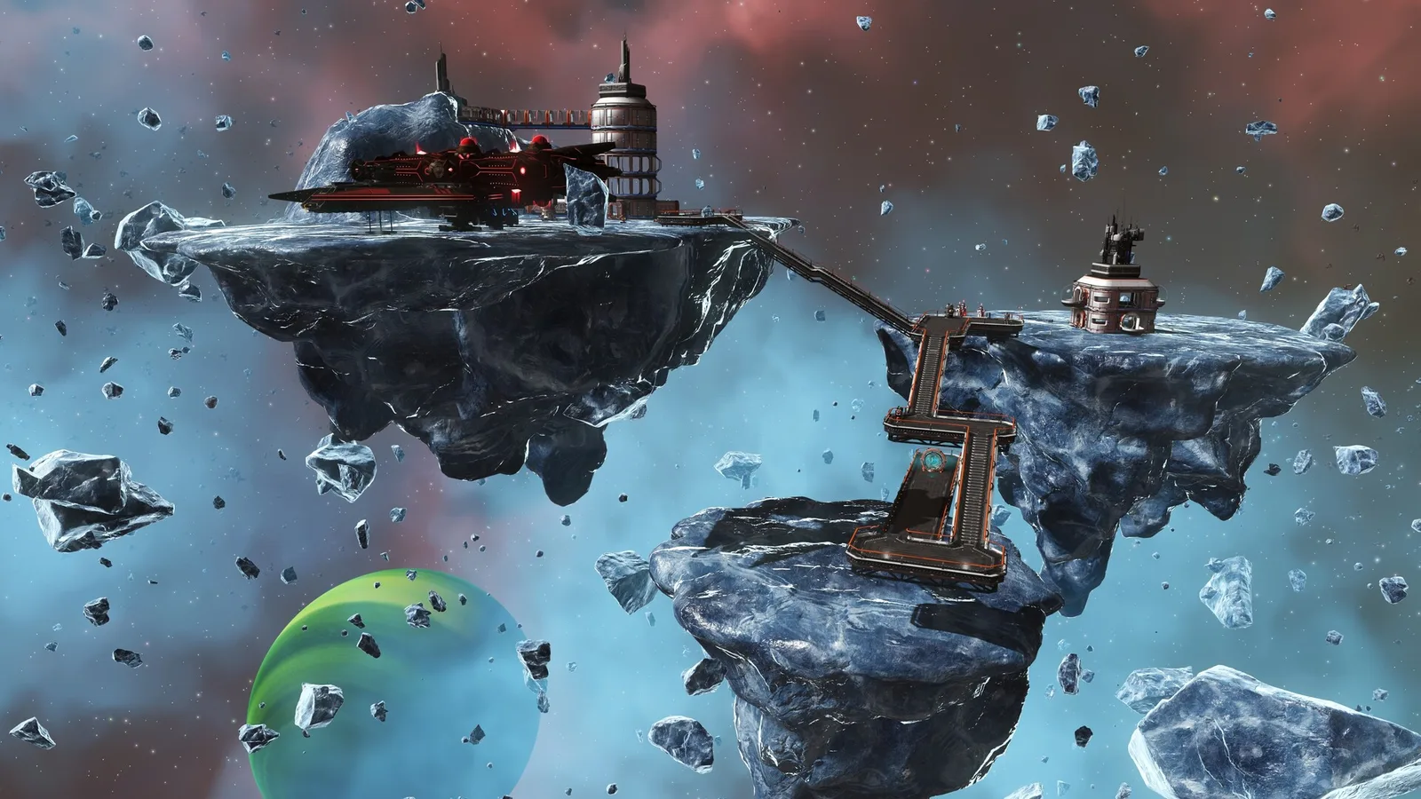 Кадр из No Man's Sky: постройки на парящих в космосе скалах, соединённые мостками, внизу планета