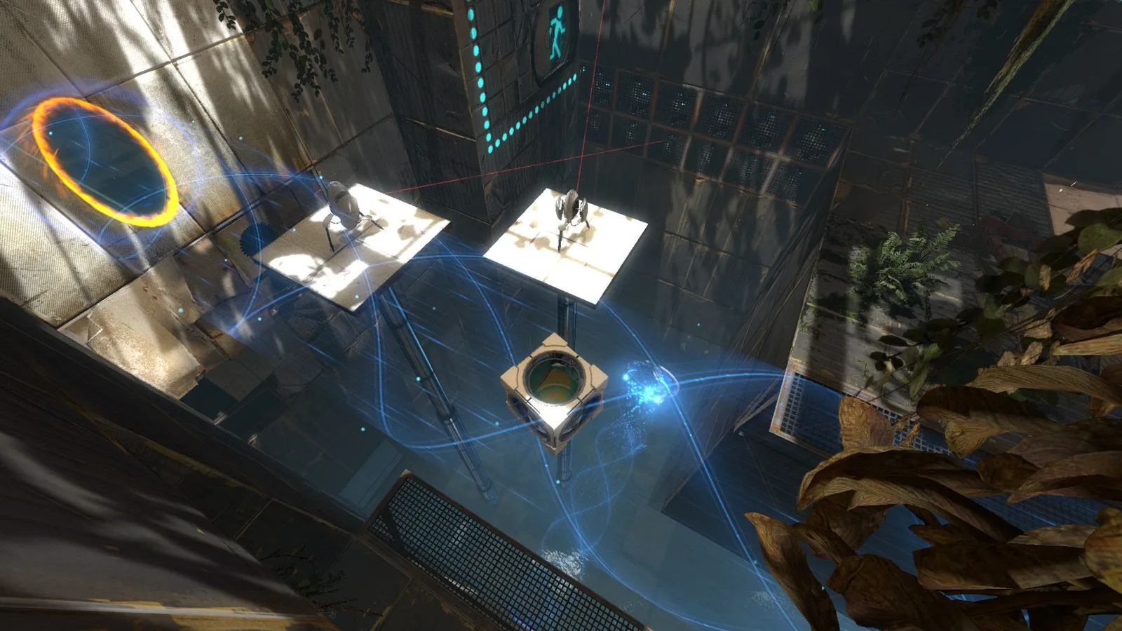 Испытательная камера Portal 2 с оранжевым порталом, турелями, кубом и голубым тоннелем