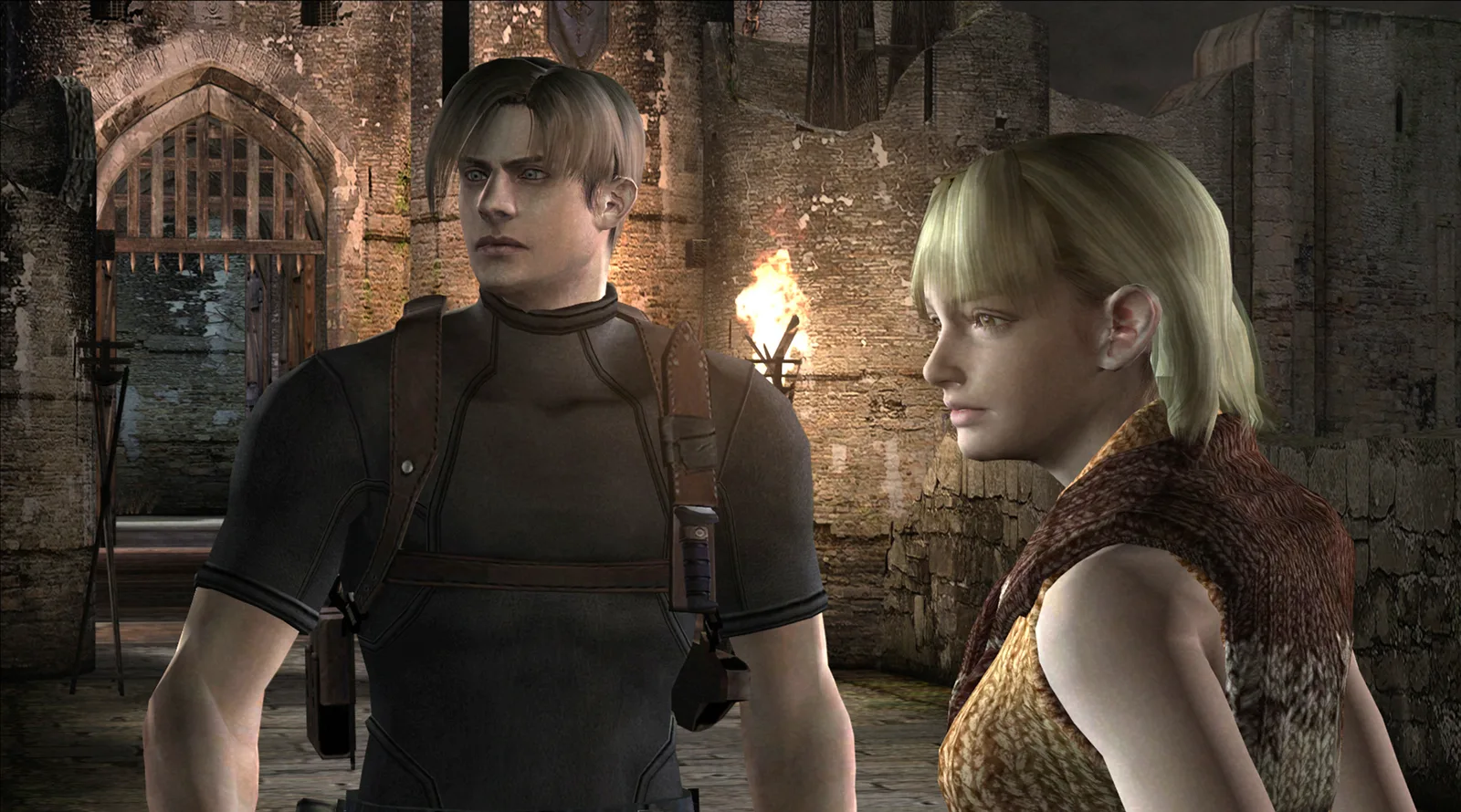Resident Evil 4: Леон и Эшли стоят в разрушенном каменном замке у горящего факела