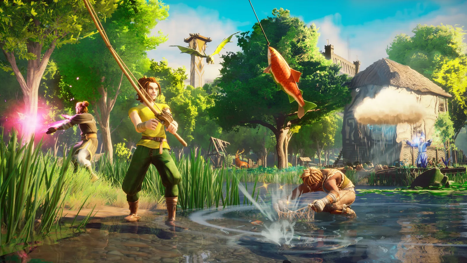 Персонажи ловят рыбу в озере в RuneScape: Dragonwilds