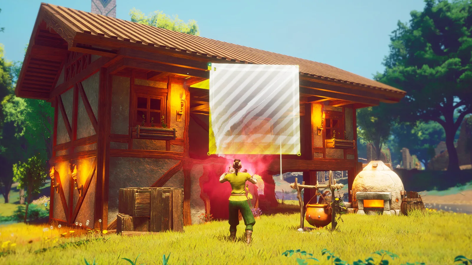 Персонаж строит дом в RuneScape: Dragonwilds