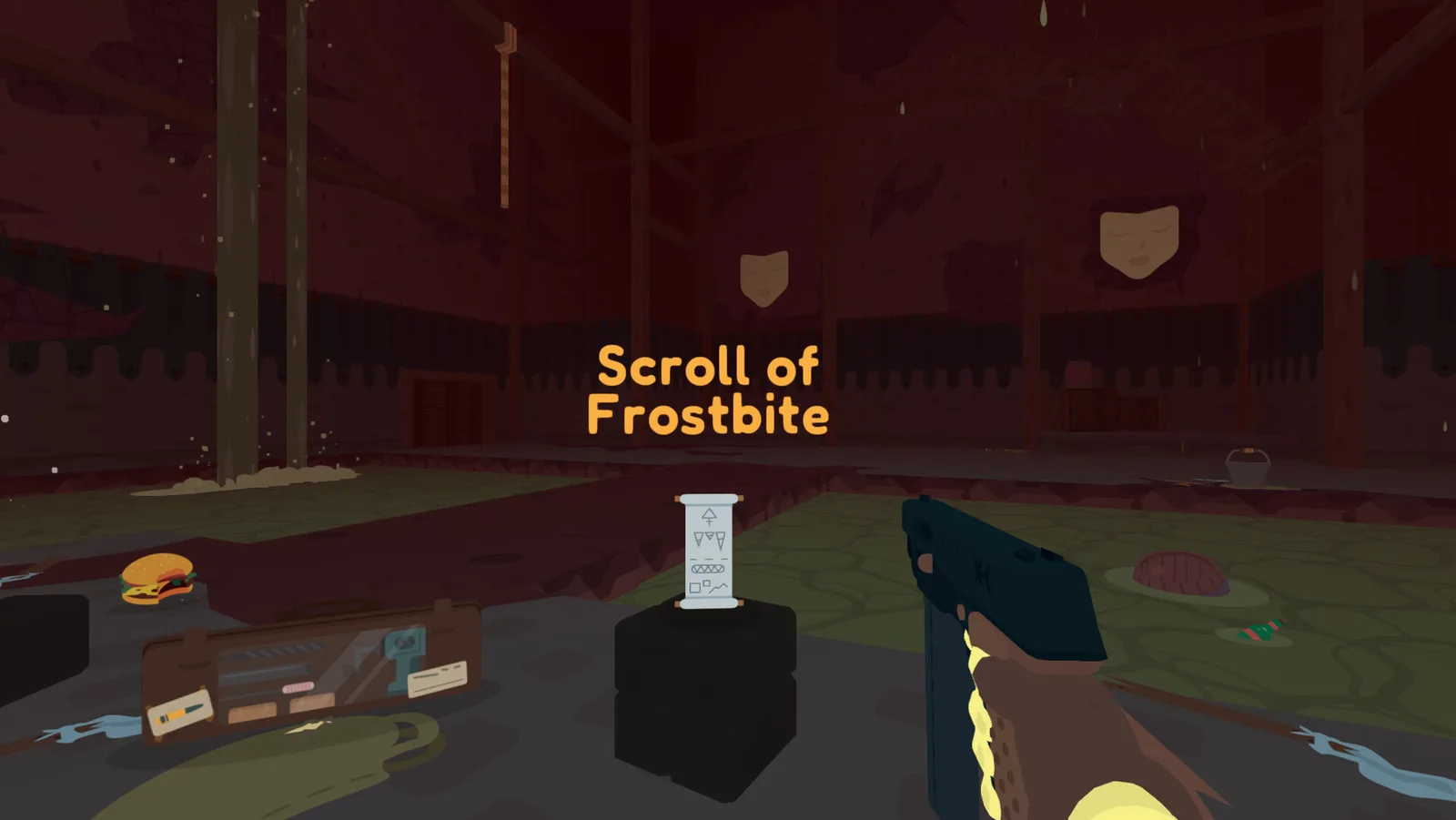 Тёмно-красный зал с масками на стенах: на постаменте свиток с надписью Scroll of Frostbite, рядом чемодан с инструментом и бургер