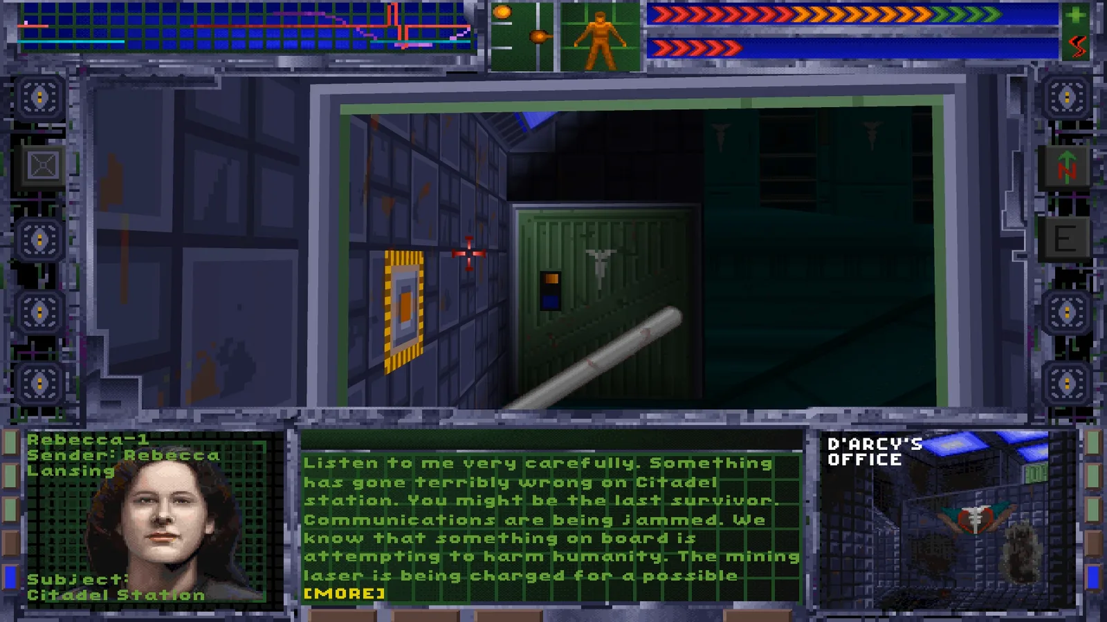 Кадр из System Shock: на экране открыто письмо от Ребекки Лансинг, рядом её портрет