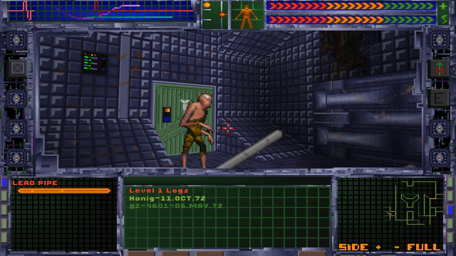 Кадр из System Shock: мутант в комнате станции, в руке у игрока свинцовая труба, внизу экрана панели интерфейса