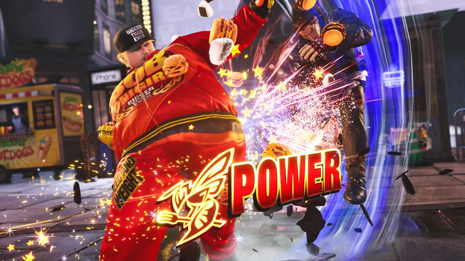 Кадр из TEKKEN 8 — Season 3 Pass: Боб в красной куртке врезается в соперника, на экране надпись POWER