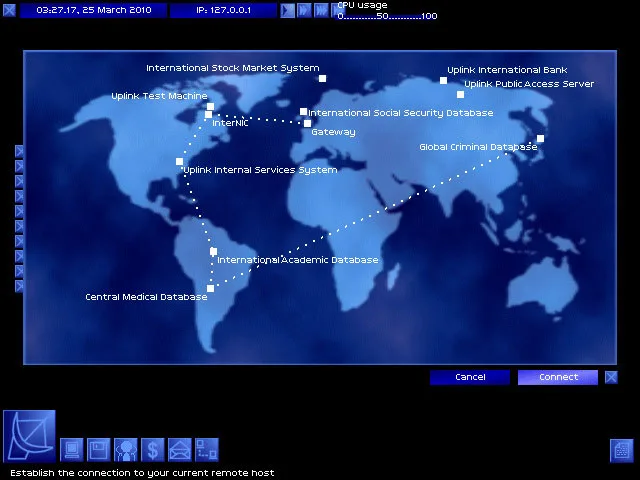 Карта мира с маршрутом соединения в Uplink